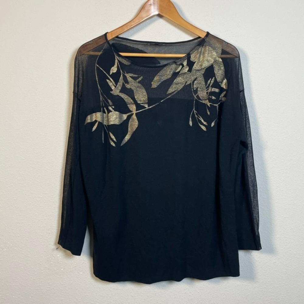 Lafayette 148 New York Blouse Women XL Black Gold Party Sheer Floral Evening